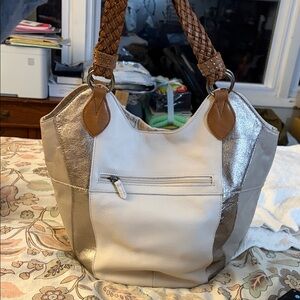 The Sak Cream and Silver leather large Shoulder Bag with Brown Braided Handles